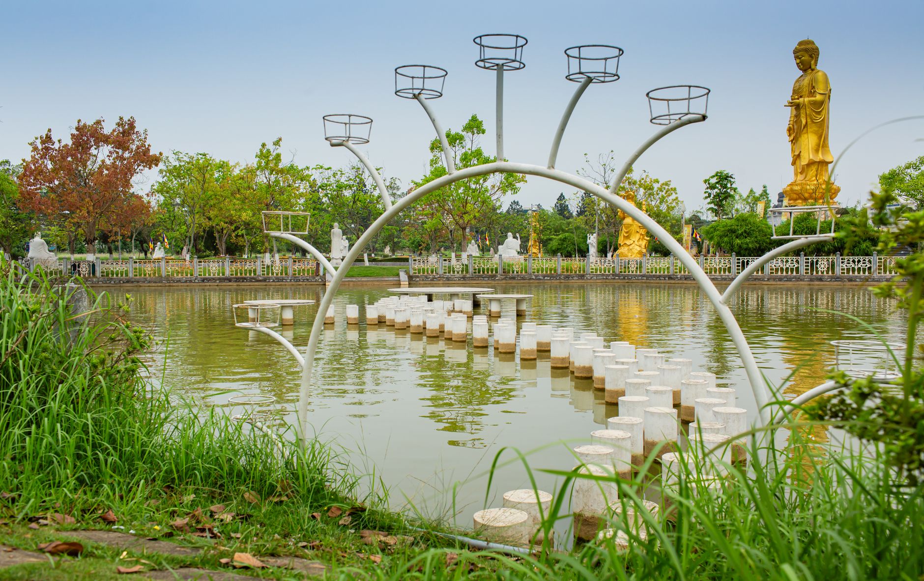Hồ sen thanh tịnh trong cảnh chùa với ánh sáng vàng ấm
